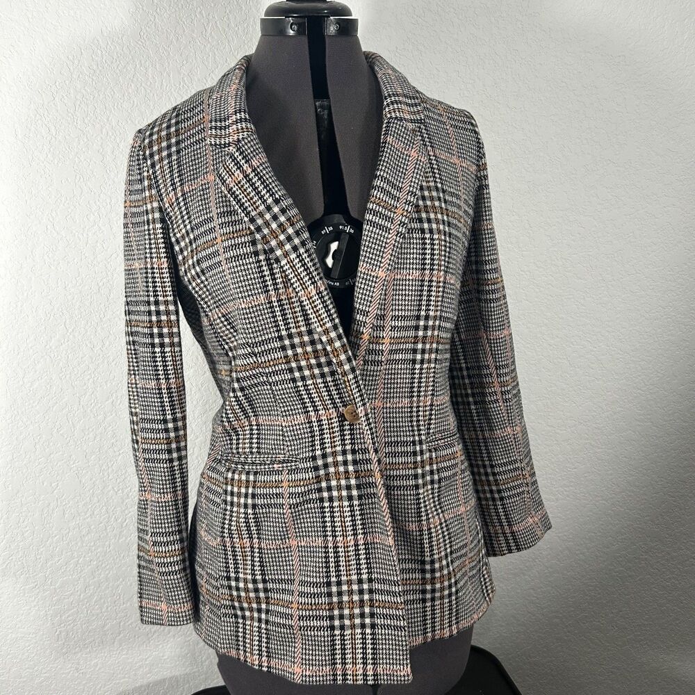 Old Navy Plaid Blazer Womens XS Black White Tan Knit Single Button Jacket Career